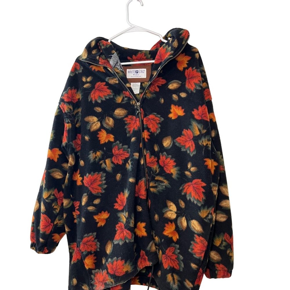 Vintage White Stag Zip Up Jacket Sweater Maple Leaves Pattern Outdoors Womens XL